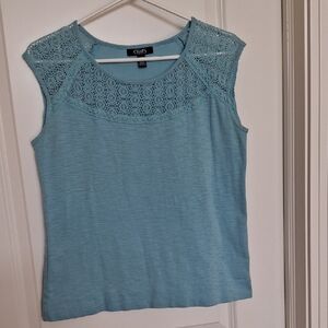 Chaps Turquoise Lace Top Size L Cap Sleeve EUC Cotton